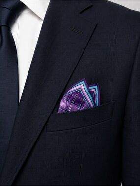 100% Silk Handmade Purple Turquoise Black White Plaid Large Pocket Silk Square